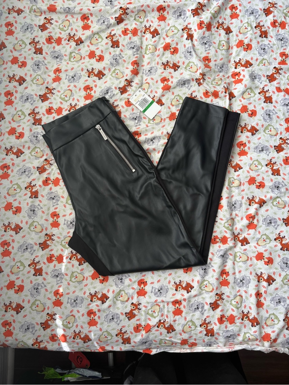 Michael Kors Black Faux Leather Leggings with Silver Zip